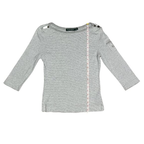 Lauren Ralph Lauren Gray Striped Nautical Button Shoulder Top 3/4 Sleeve Size M - Picture 6 of 12